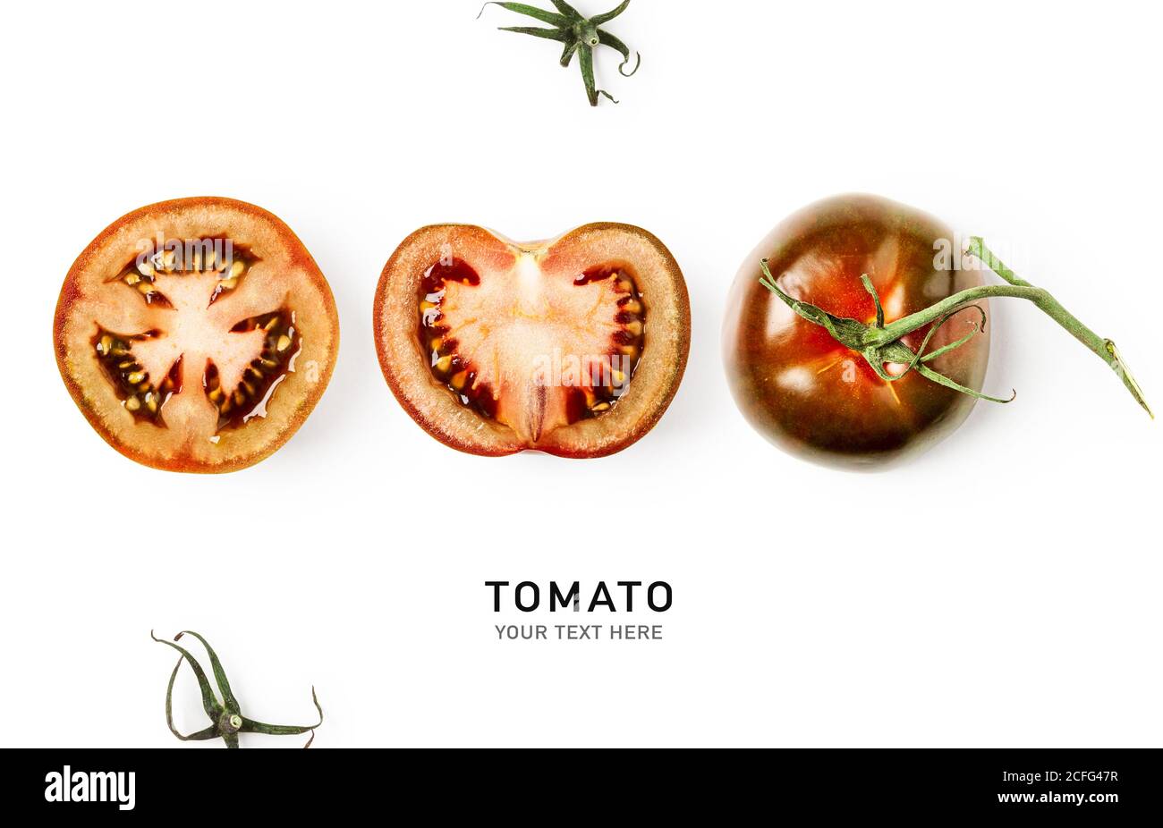 Fresh tomatoes creative composition isolated on white background. Food