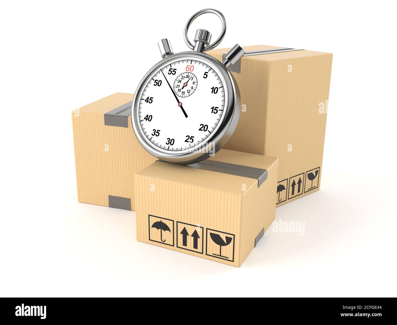 Stack of boxes with stopwatch on white background Stock Photo - Alamy
