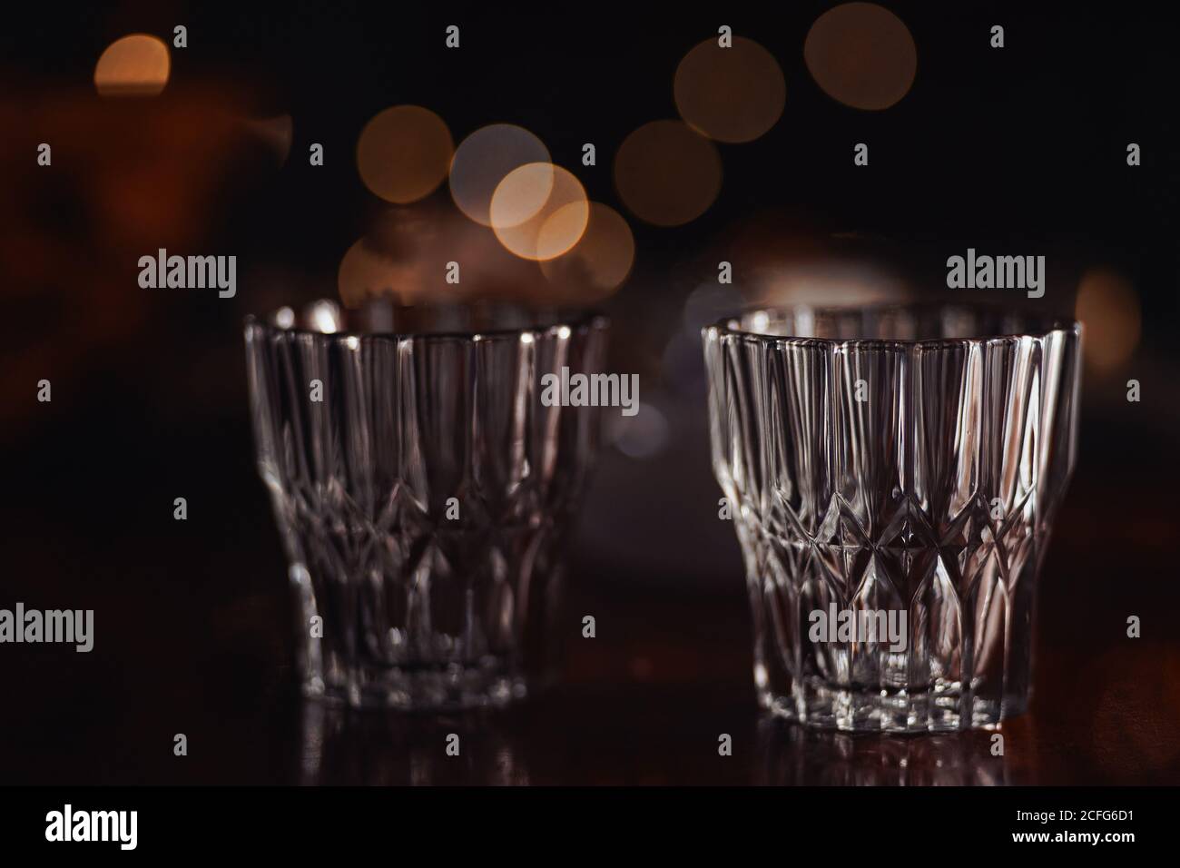 The crystal drinking glasses on the night light Stock Photo