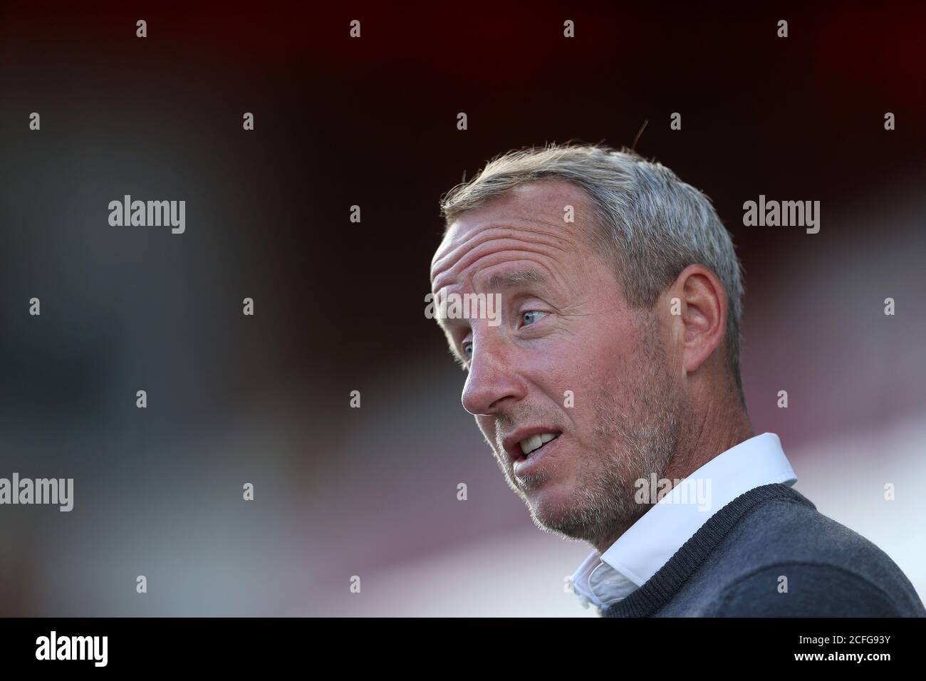 Charlton Athletic manager Lee Bowyer speaks to the media after the Carabao Cup first round match at the County Ground, Swindon. Stock Photo