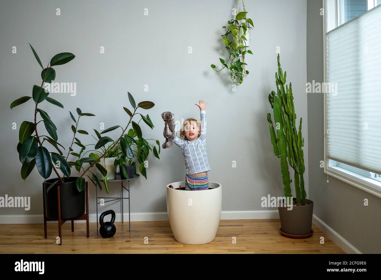 Young child holding a stuffed toy rabbit stretches arms above head while standing in a large plant pot Stock Photo