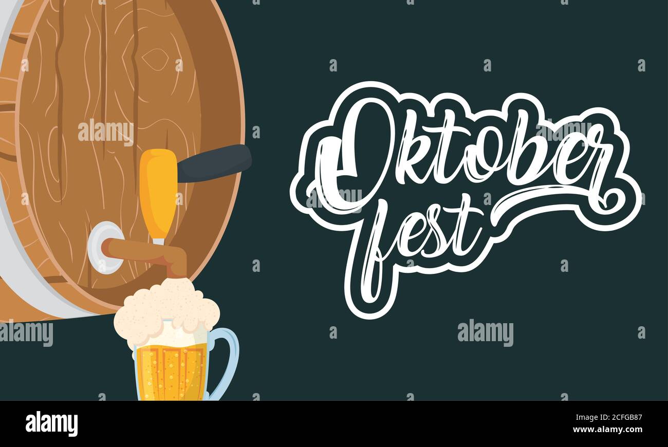 oktoberfest party lettering in poster with barrel and jar beers vector ...