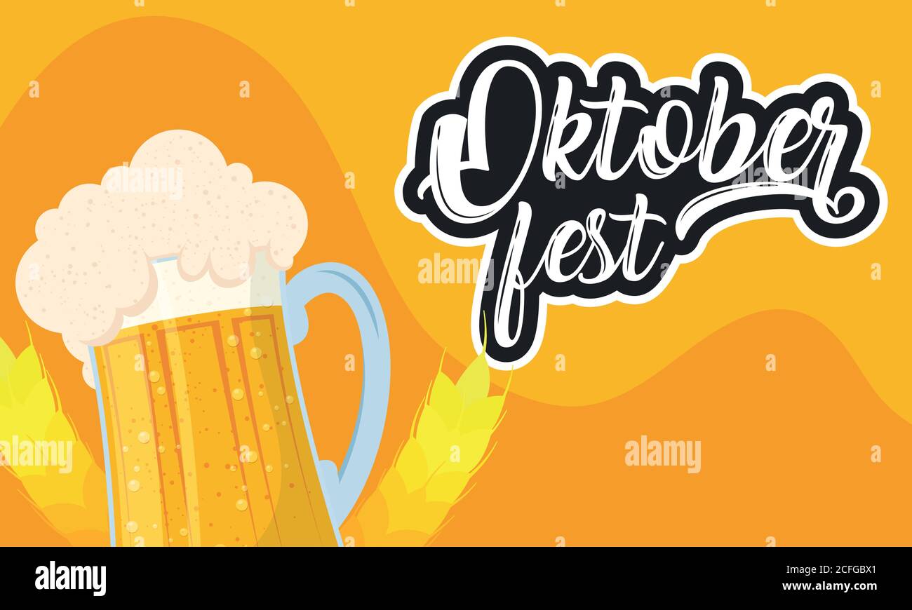 oktoberfest party lettering in poster with beer jar and barley spikes ...