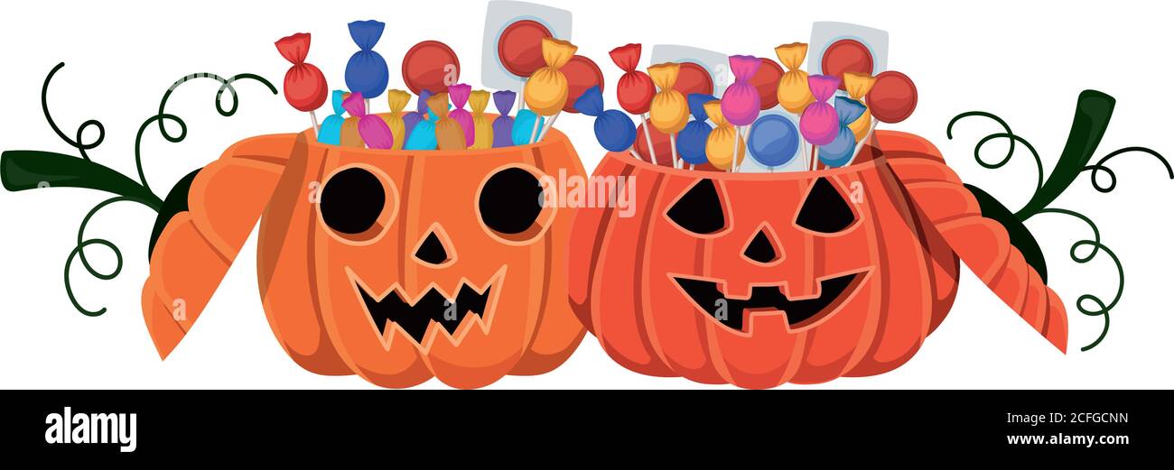 Halloween pumpkins cartoons with candies vector design Stock Vector ...
