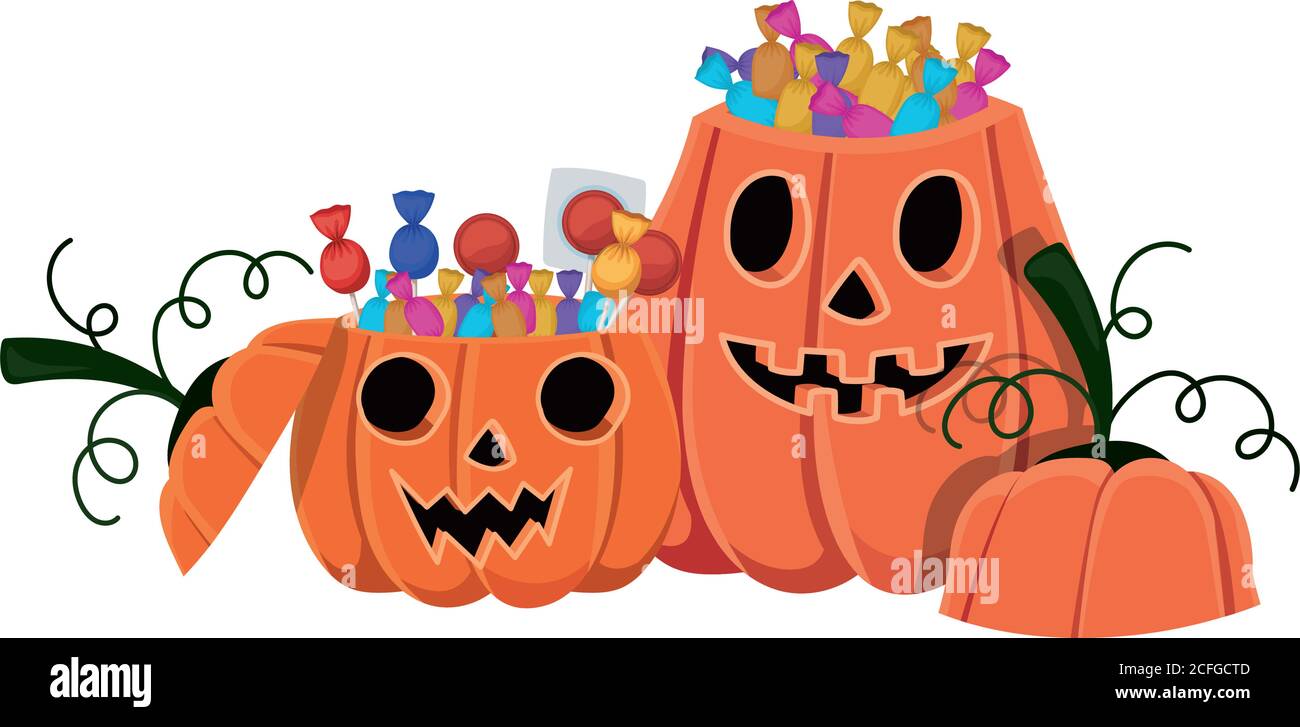 Halloween pumpkins cartoons with candies vector design Stock Vector ...