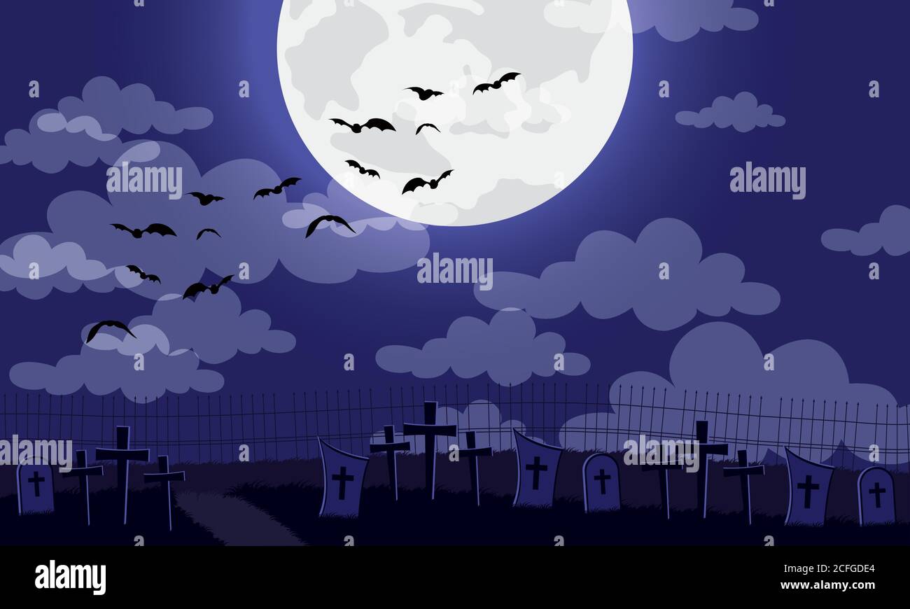 happy halloween card with bats flying in cemetery vector illustration ...