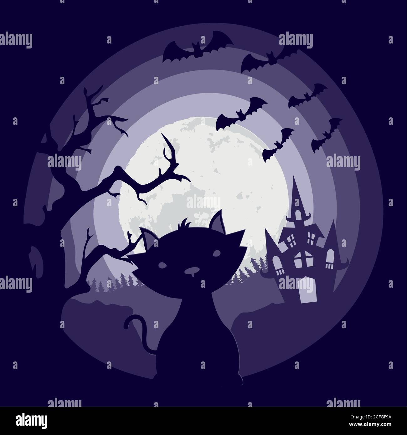 happy halloween card with black cat and bats flying scene vector ...