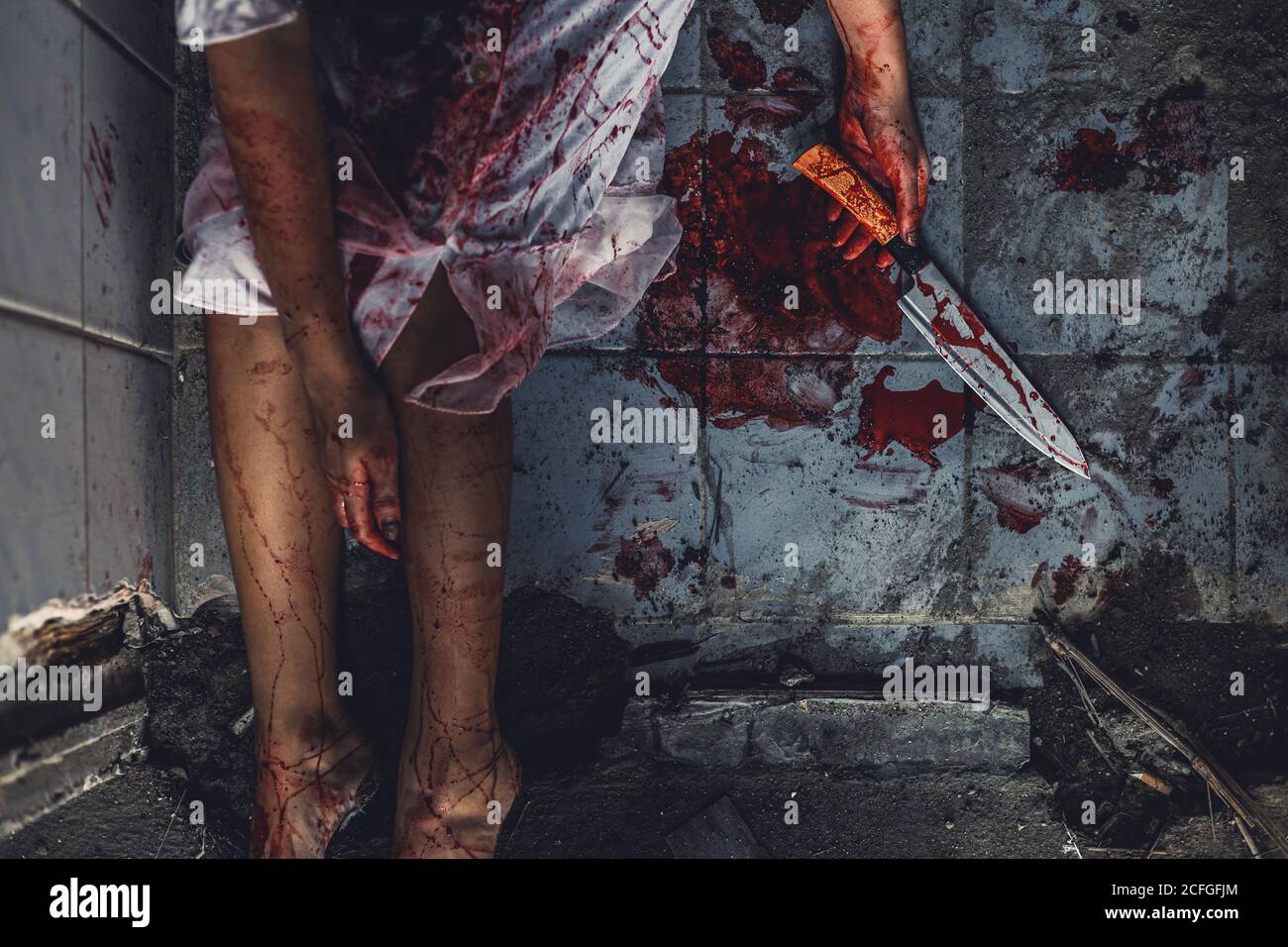 Horror Scence Of Women Hold Knife By Hands With Blood. Ghost Women.