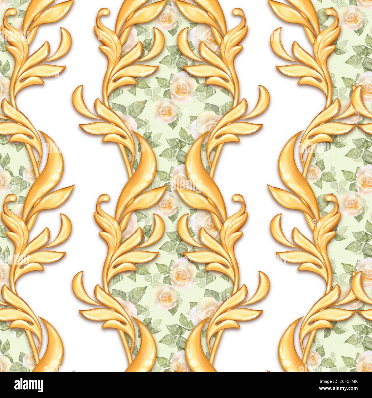 Seamless baroque pattern with roses and golden scrolls Stock Photo