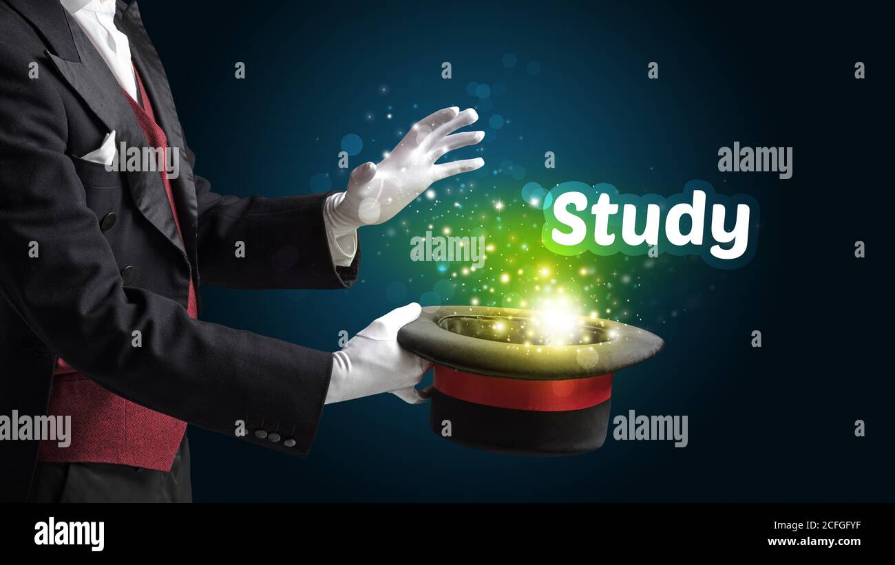 Magician is showing magic trick with Study inscription, educational ...