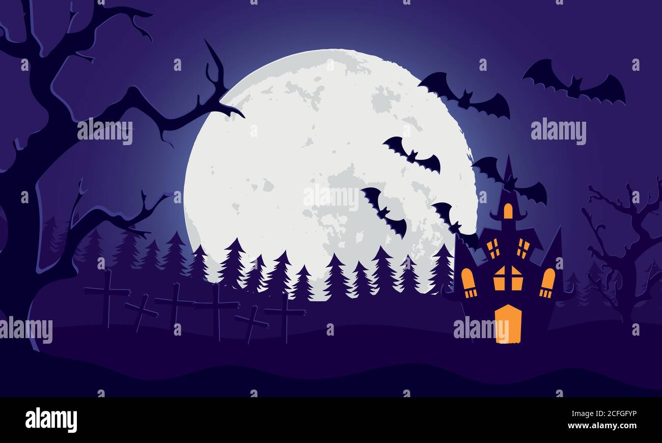 happy halloween card with castle and bats flying in cemetery scene ...