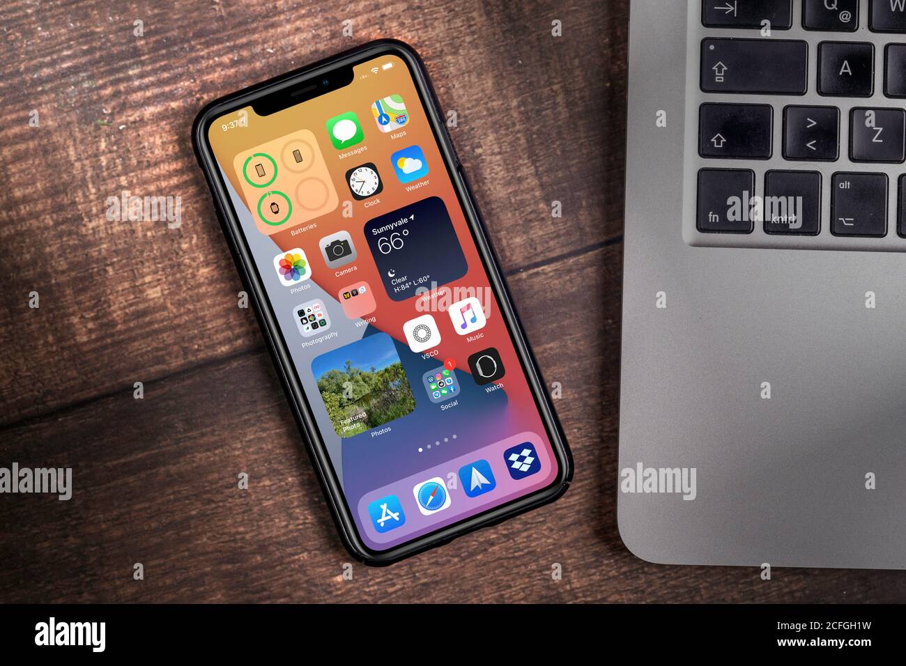 Antalya, TURKEY - September 05, 2020.  new ios 14 screen iphone, Apple's next operating system for its smarphones to be released Stock Photo