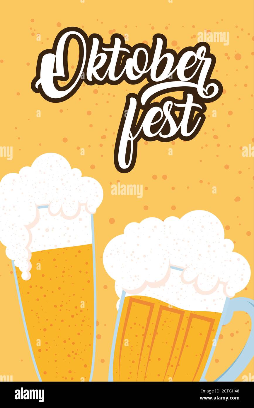 oktoberfest party lettering in poster with beers vector illustration ...