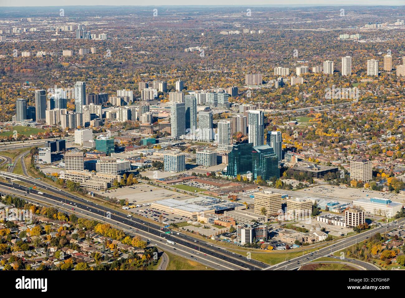 Aerial view from south east showing Consumers Road commercial area including 401 and Highway 404 Stock Photo