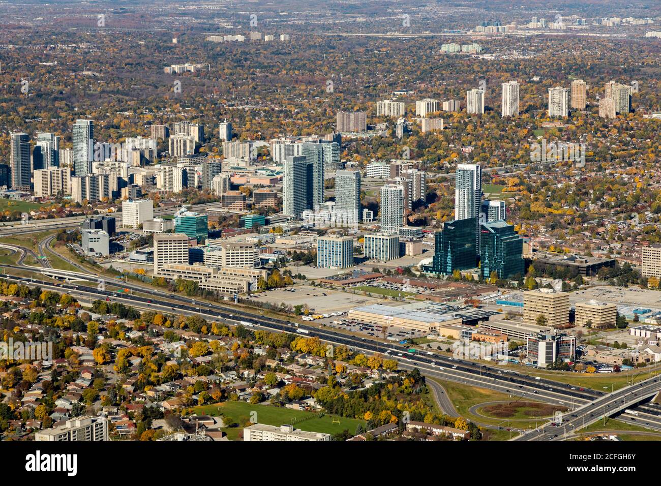 Aerial view from south east showing Consumers Road commercial area including 401 and Highway 404 Stock Photo