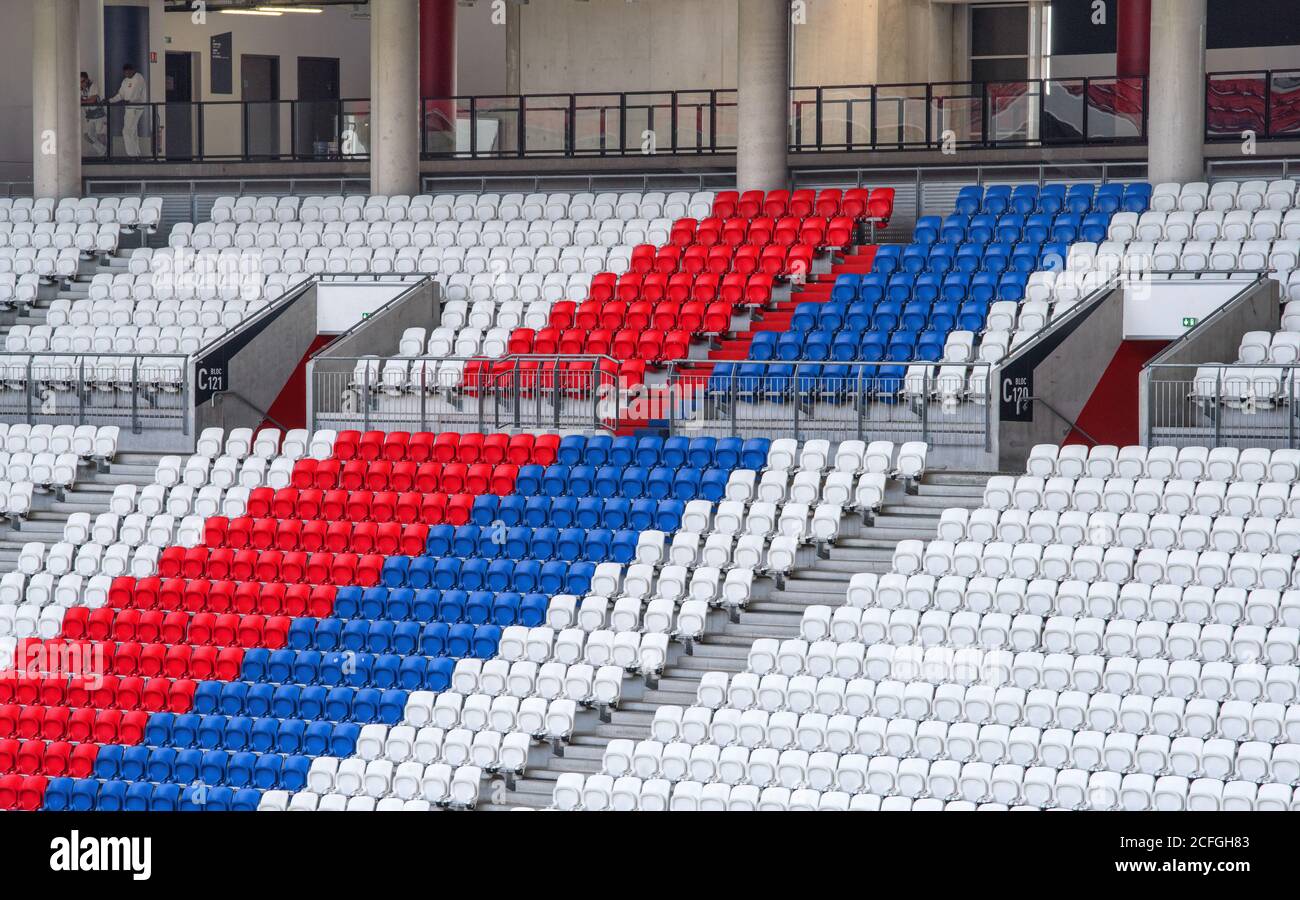 At the tribunes of FC Lyon Olympique stadium Stock Photo