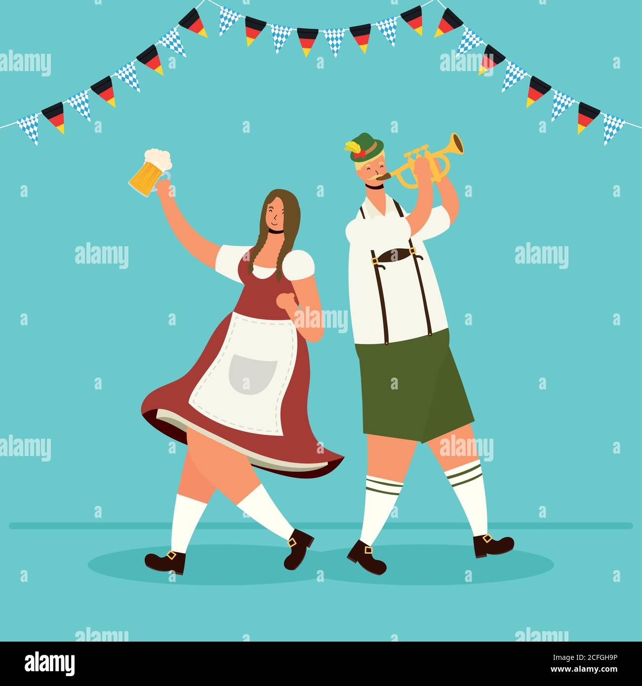 german couple wearing tyrolean suit drinking beers and playing trumpet vector illustration design Stock Vector