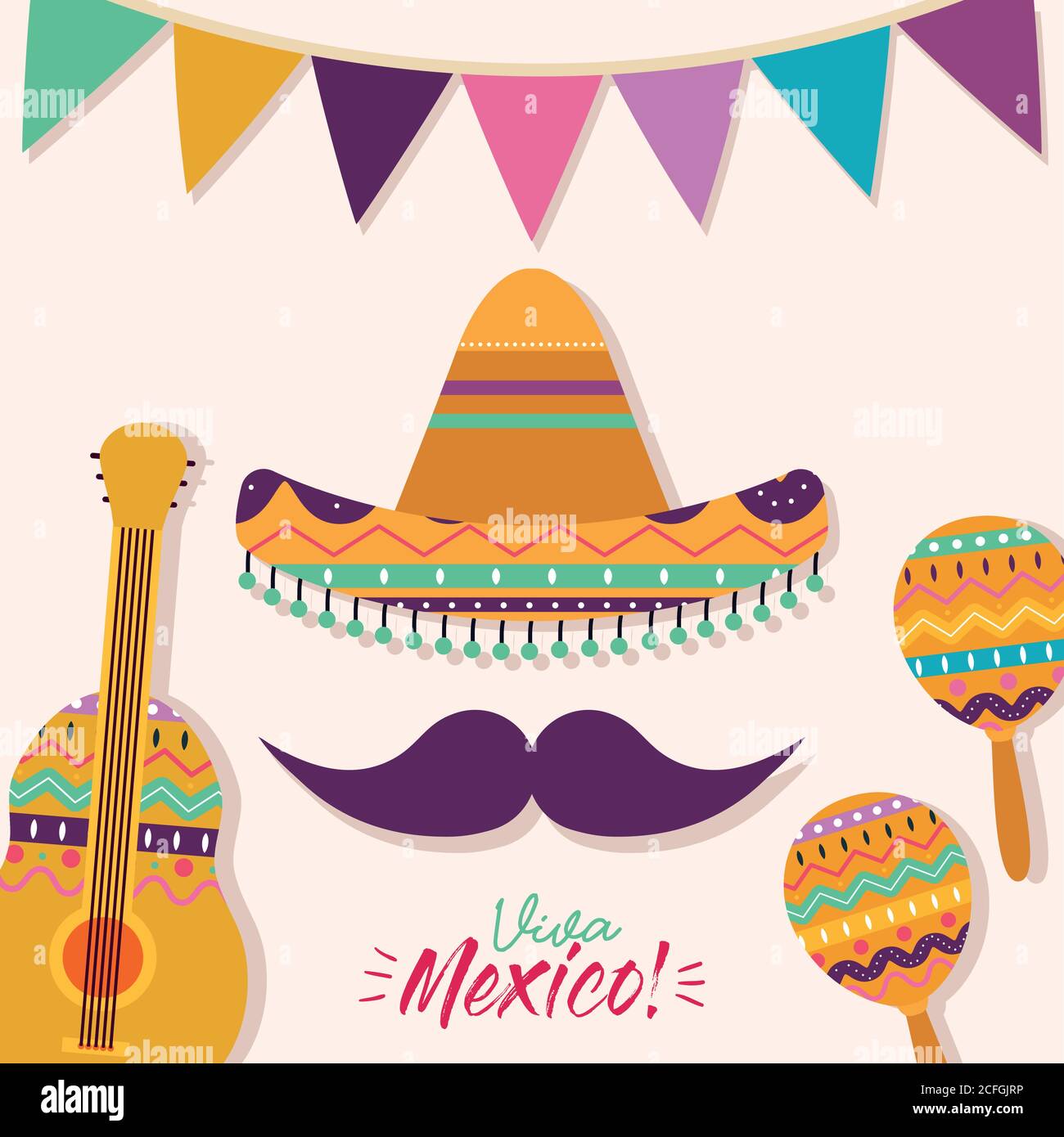 Mexican hat with mustache guitar and maracas vector design Stock Vector ...