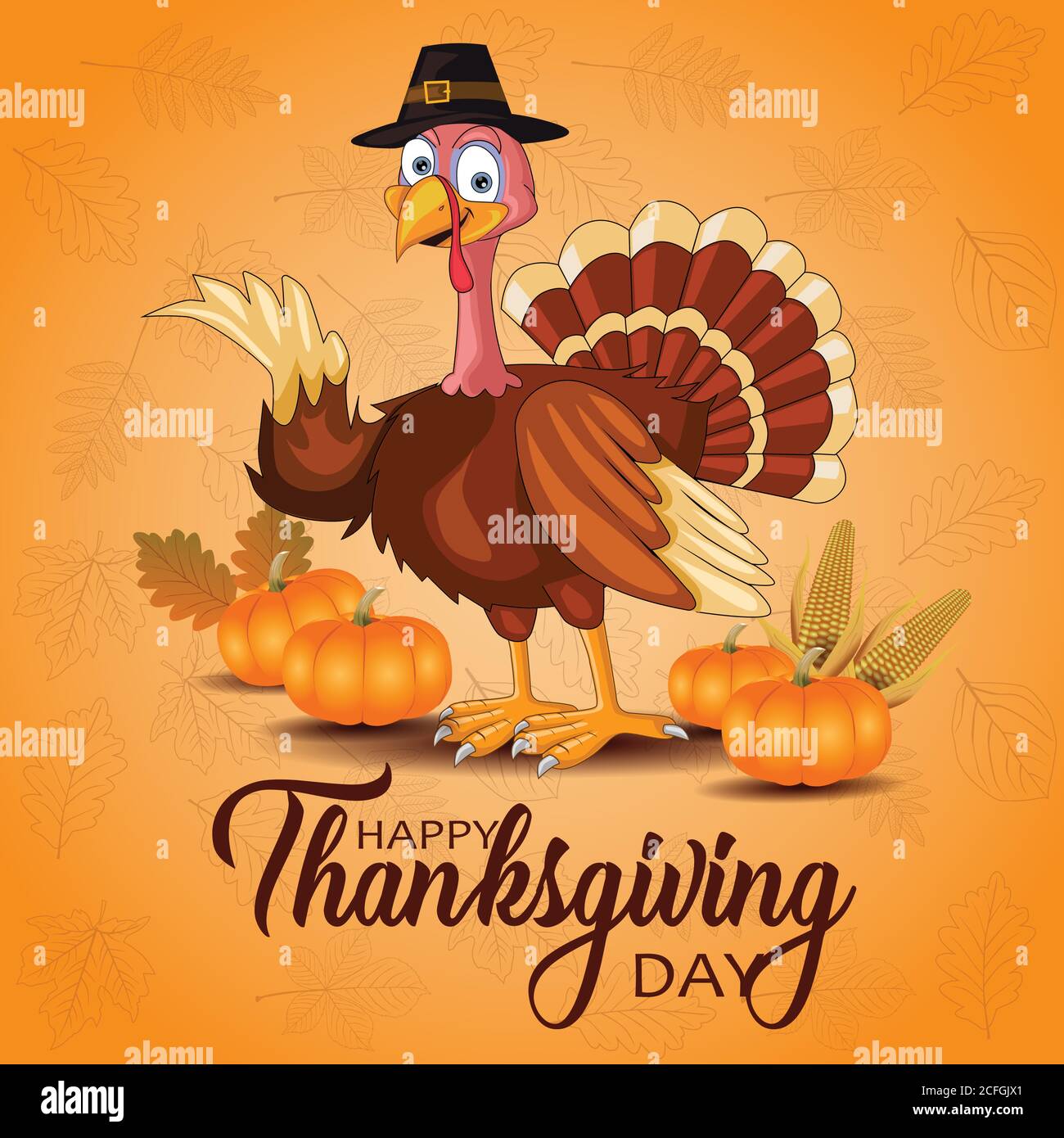 happy thanksgiving day typography. drawn turkey bird with pumpkins and corn Thanksgiving design use for prints,flyers,banners, invitations,special off Stock Vector
