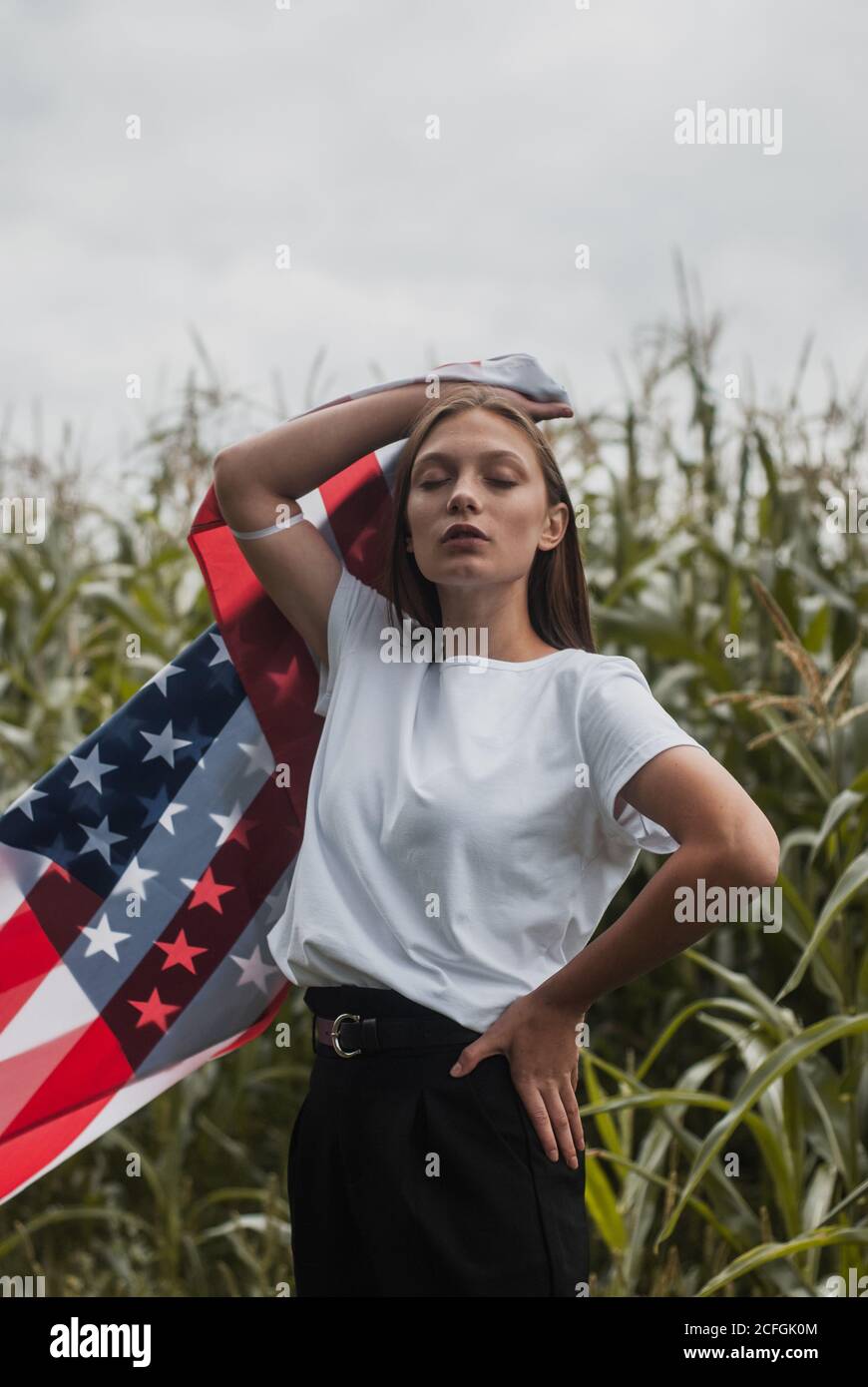 Portrait of a girl with an American flag Stock Photo