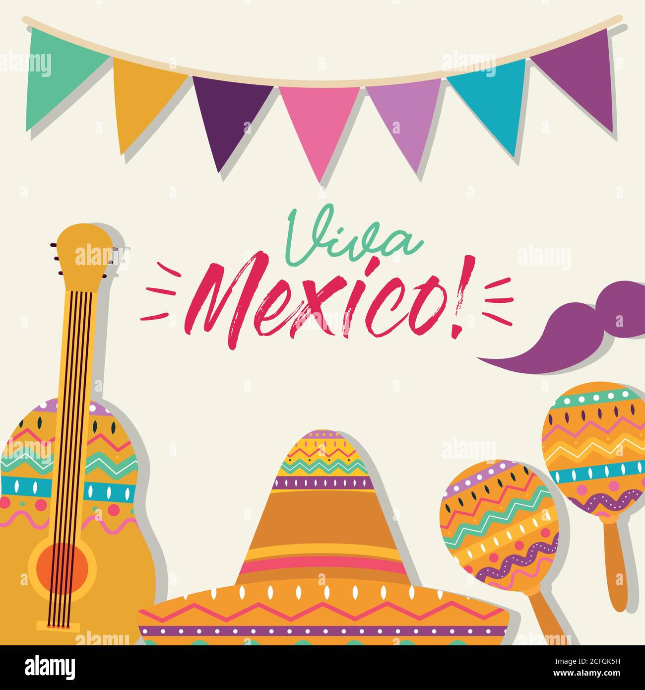 Mexican hat mustache guitar and maracas vector design Stock Vector ...