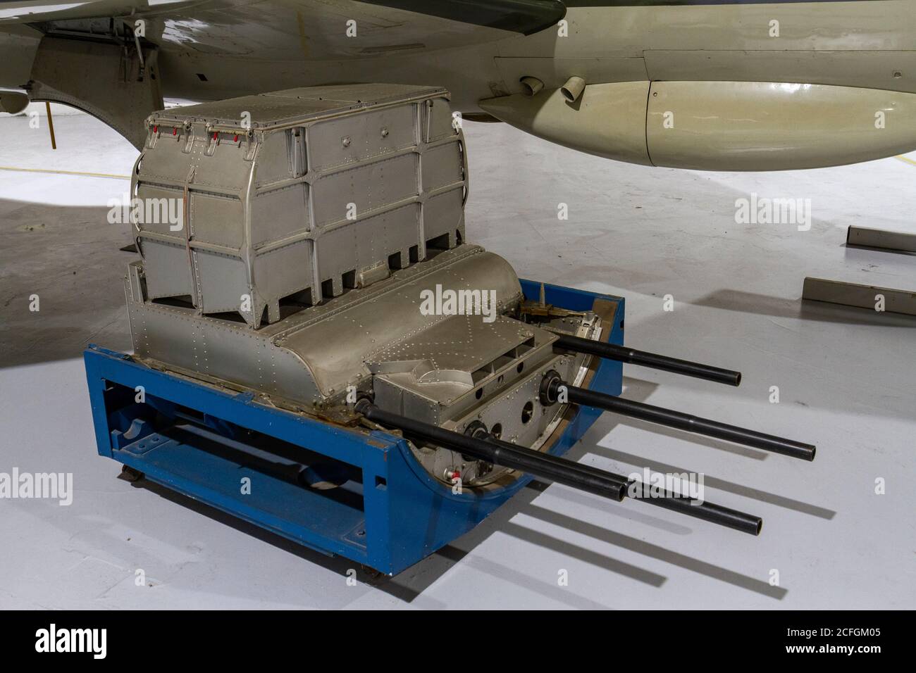 A 30mm Aden gun used on the Jaguar, Hawk and Harrier aircraft on display in the RAF Museum, London, UK. Stock Photo