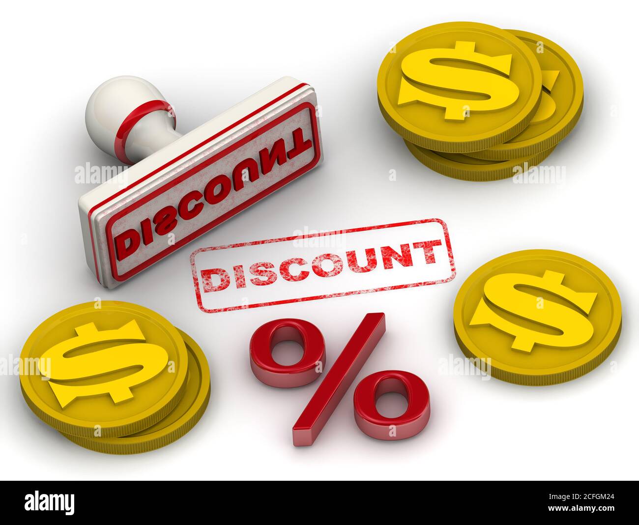 White rubber stamp and red imprint DISCOUNT on white surface with red