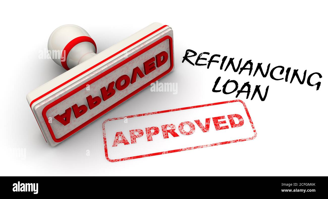 Refinancing loan approved. The stamp and an imprint. Black text REFINANCING LOAN and red rubber stamp and print APPROVED on white surface Stock Photo