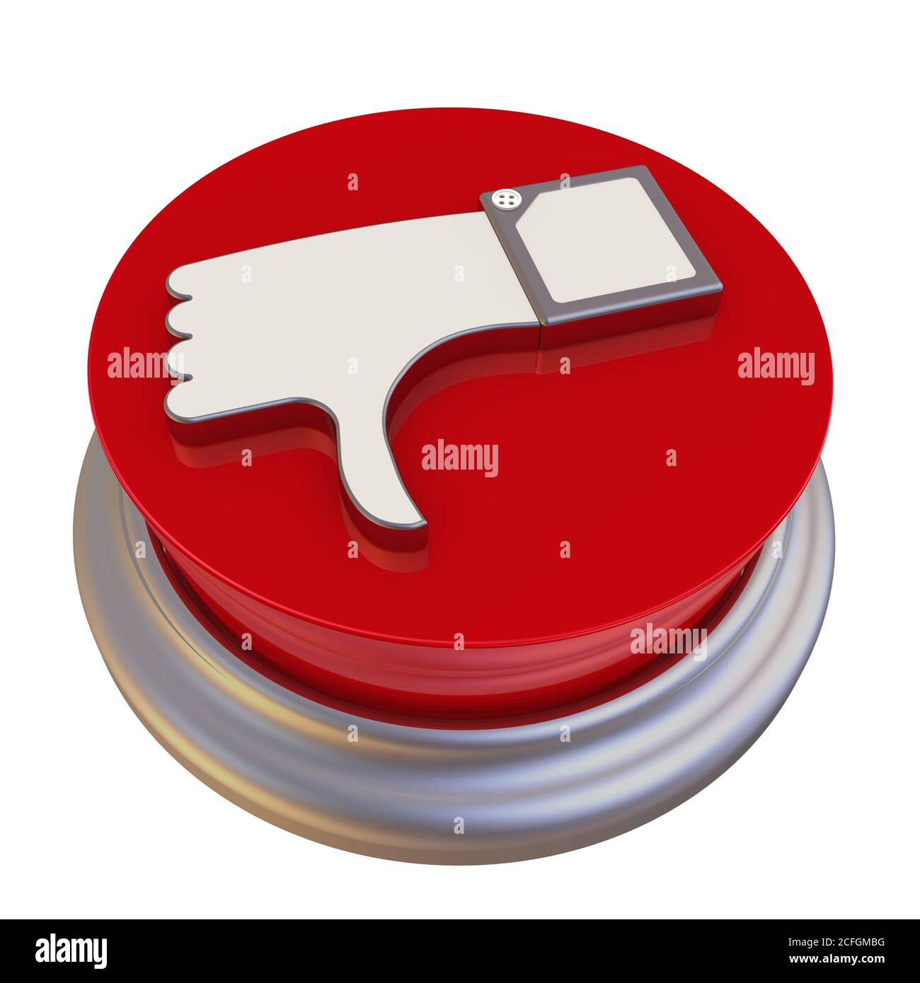 Round button with the symbol of the negative review. Hand gesture of disapproval, disagreement, negation (THUMBS DOWN) is on the red button. Isolated Stock Photo