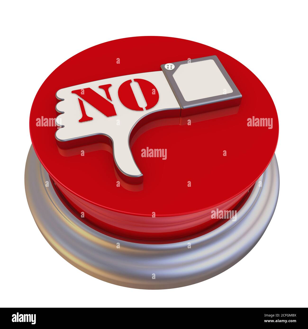 Round button with the symbol of the negative review. Hand gesture of disapproval, disagreement (THUMBS DOWN) with red word NO is on the red button Stock Photo