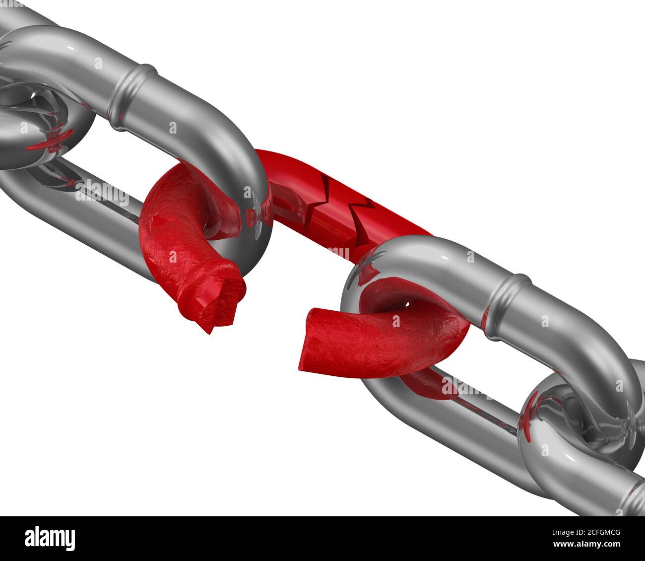 Connection of chains. The weakest link. Metal chain with a weak link