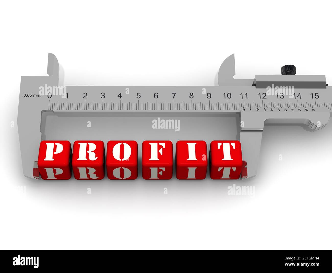 Measurement of profit. Caliper measures the word 'profit' built of red bricks. Financial concept. Isolated. 3D Illustration Stock Photo