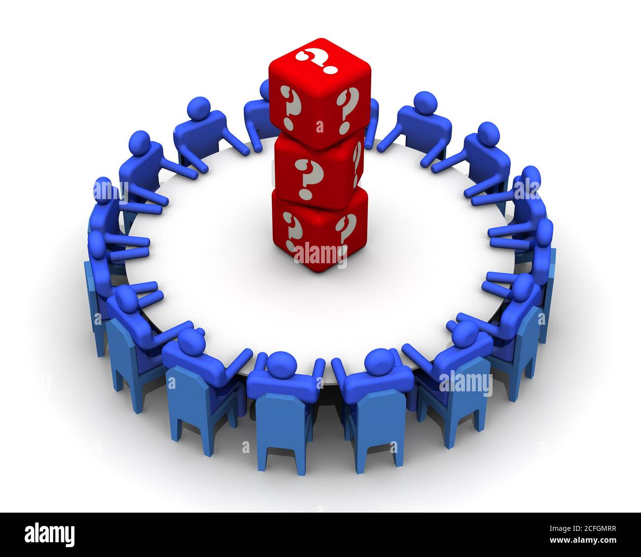 Problem solving. Symbolic people sitting at a round conference table in ...