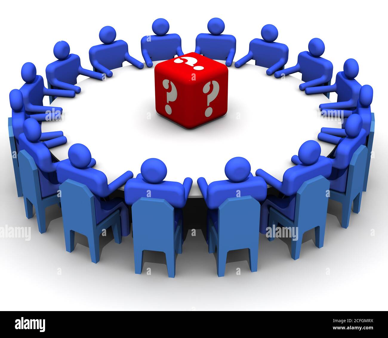 Problem solving. Symbolic people sitting at a round conference table in