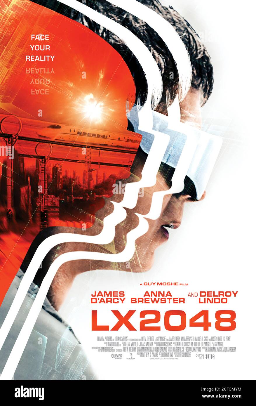 LX 2048 (2020) directed by Guy Moshe and starring James D'Arcy, Gina McKee, Delroy Lindo and Anna Brewster. In a dystopian future where environmental catastrophy means people can't go outside, Adam Bird discovery he is terminally ill and to be replaced by an upgraded clone. Stock Photo