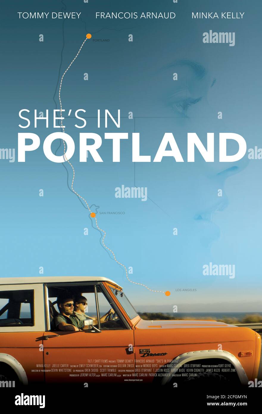 She's in Portland (2020) directed by Marc Carlini and starring Tommy Dewey, François Arnaud, Minka Kelly and Joelle Carter. Two thirty-somethings set out of a voyage of discovery to find the one that got away. Stock Photo