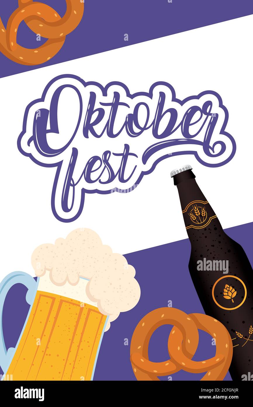 oktoberfest party lettering in poster with beer and pretzels vector ...