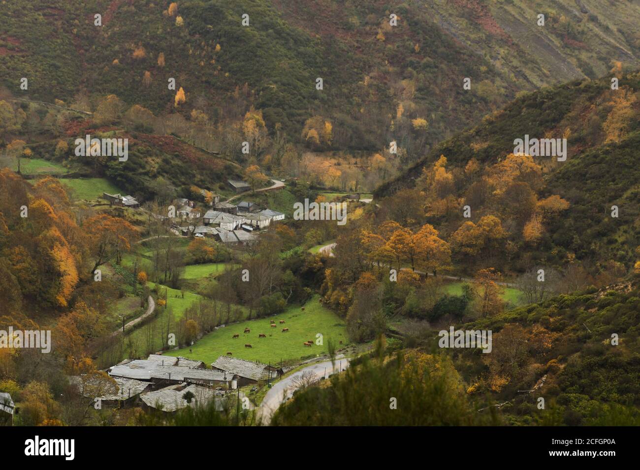 Small villages in the middle of a valley in autumn Stock Photo