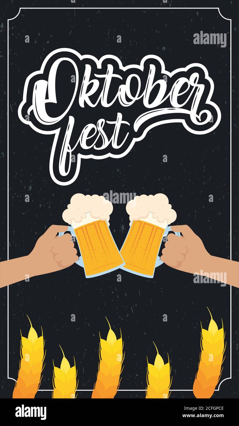 oktoberfest party lettering in poster with hands toasting beers vector ...