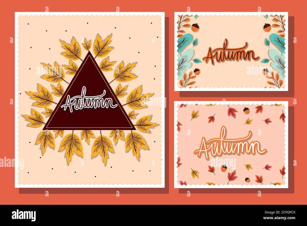 Set of frames with autumn leaves on red background vector design Stock ...