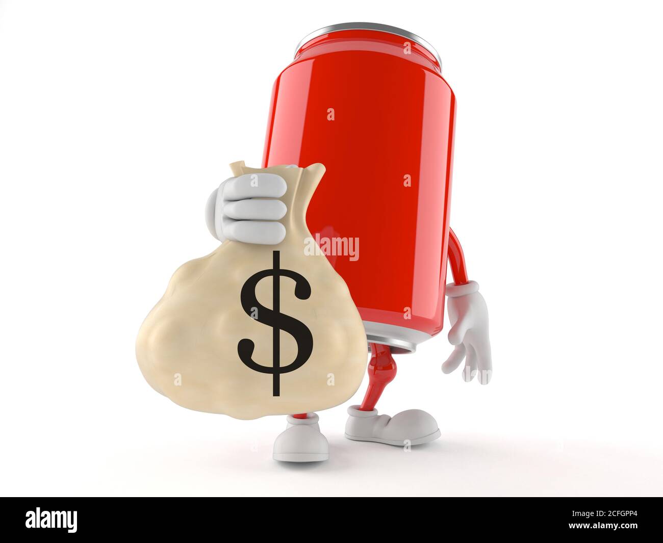 Soda can character holding money bag isolated on white background Stock