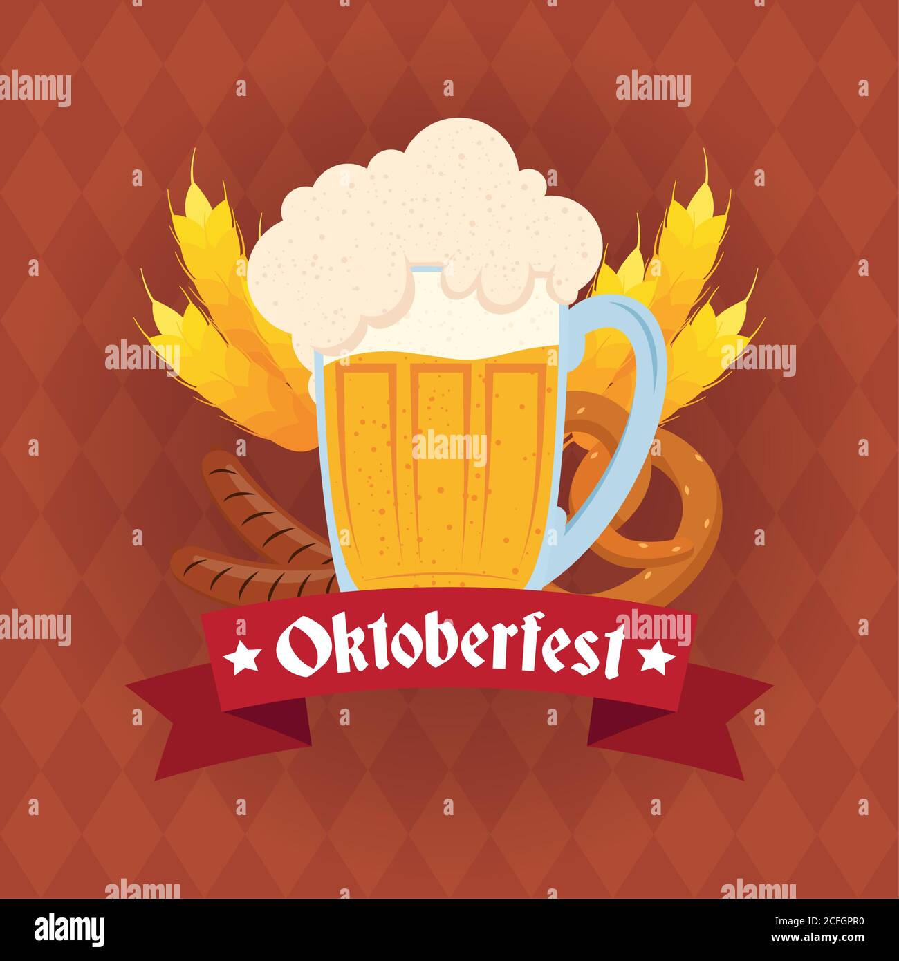 oktoberfest party lettering in ribbon with beer jar and barley spikes ...