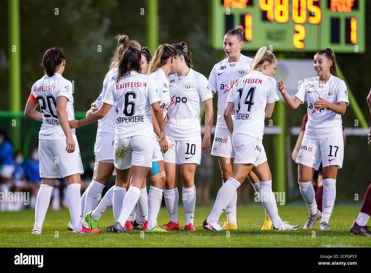 August 29, 2020, Lugano, Stadio Cornaredo, AXA Women's Super League: FC  Lugano Femminile - FC Zurich Women, # 27 Mimoza Hamidi (FC Zurich),  goalscorer # 22 Lorena Baumann (FC Zurich) and #