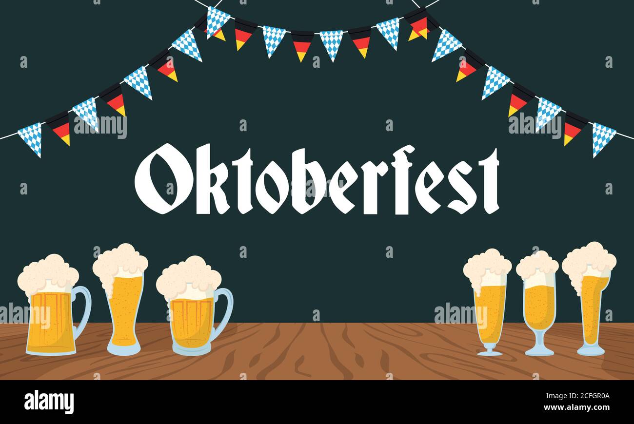 oktoberfest party lettering in poster with beers and garlands vector ...