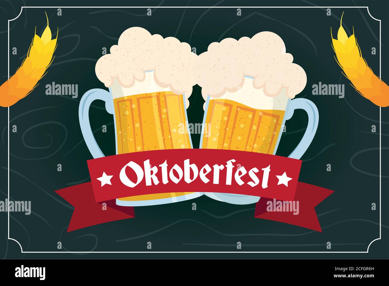 oktoberfest party lettering in ribbon with beers jars vector ...