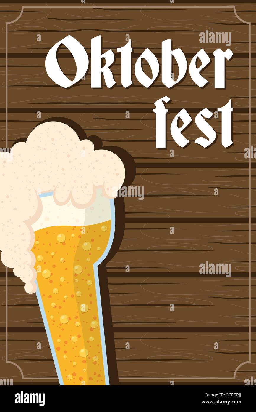 oktoberfest party lettering in poster with beer in wooden background ...