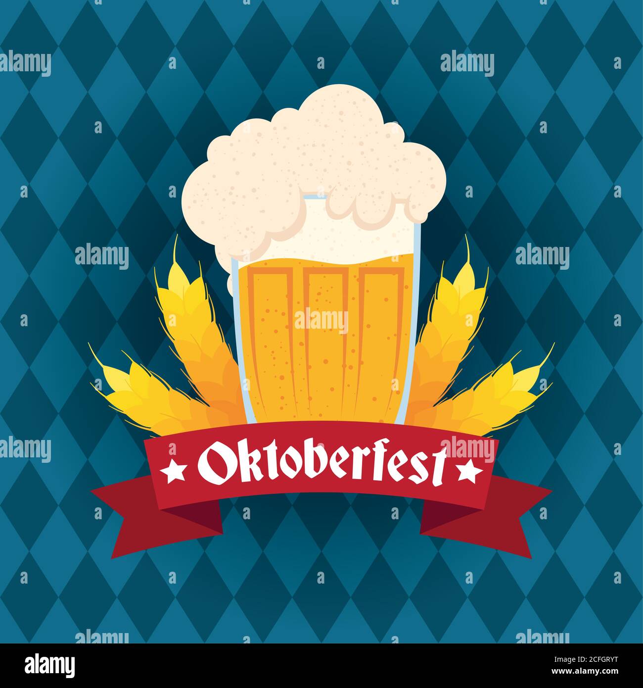 oktoberfest party lettering in ribbon with beer jar and barley spikes ...