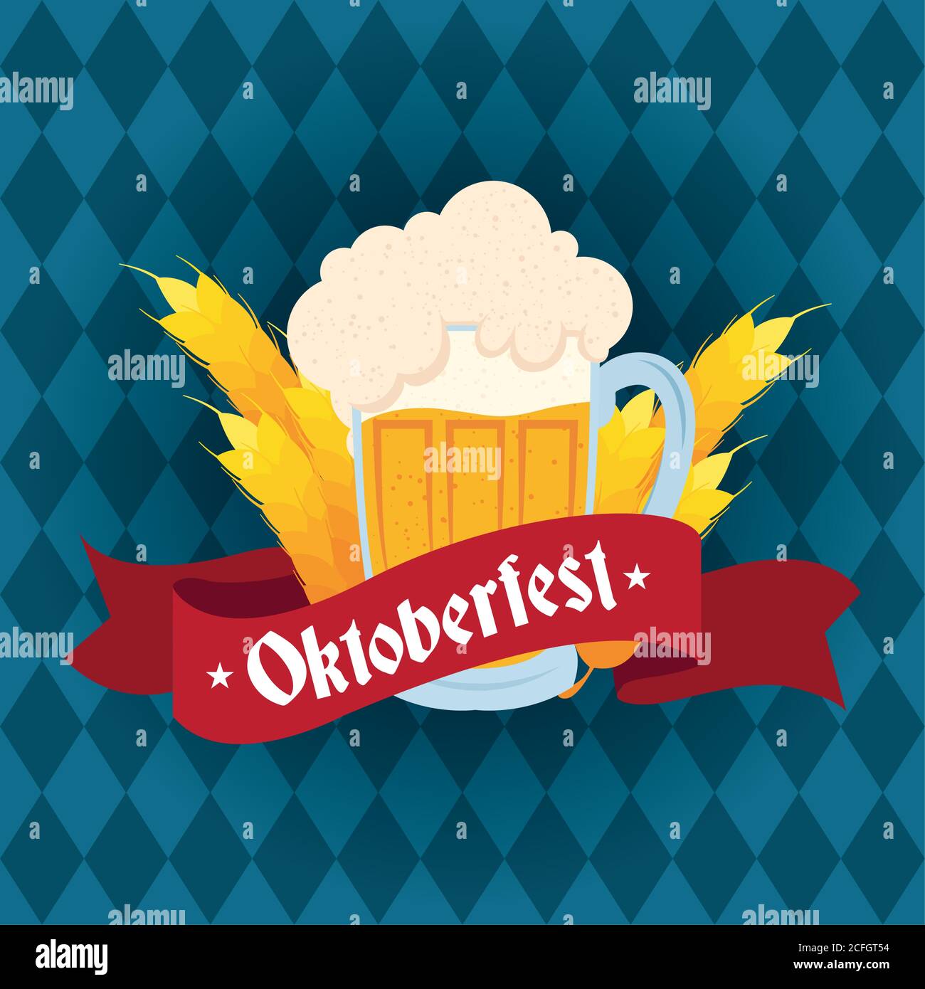 oktoberfest party lettering in ribbon with beer jar and barley spikes ...