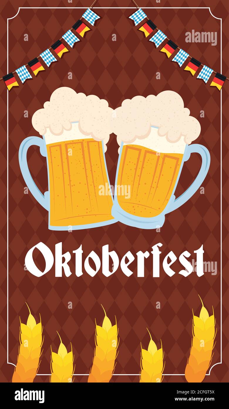 oktoberfest party lettering in poster with beers and barley spikes ...