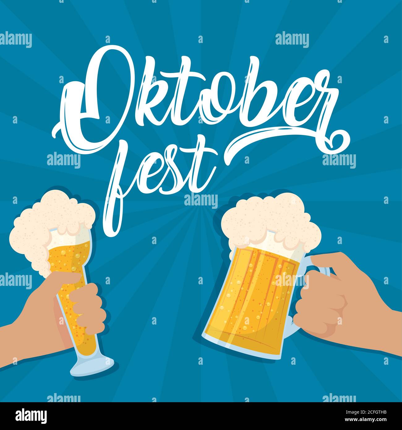 oktoberfest party lettering in poster with hands toasting beers vector ...